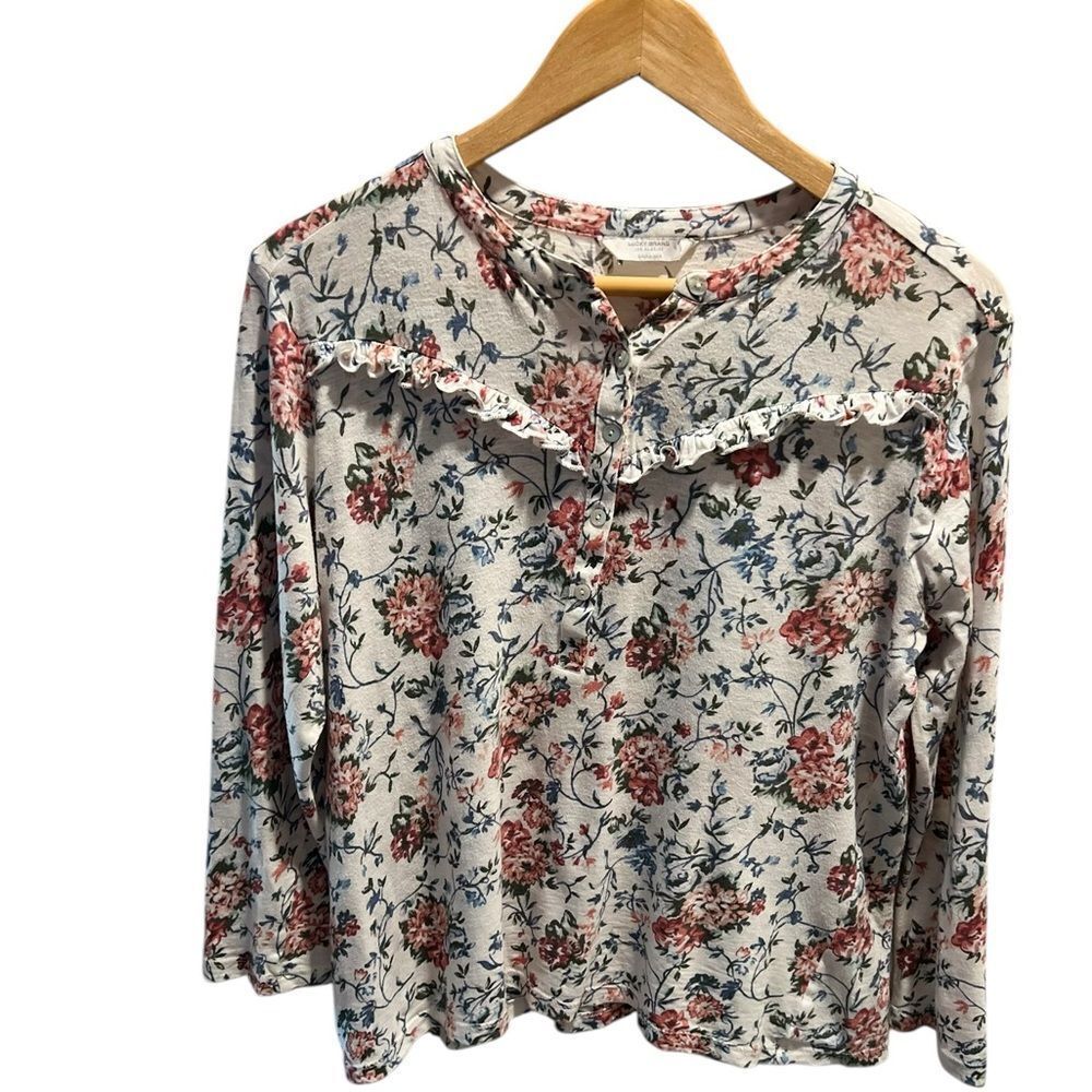 Lucky Brand Floral Ruffle Henley Top Long Sleeve Size Small